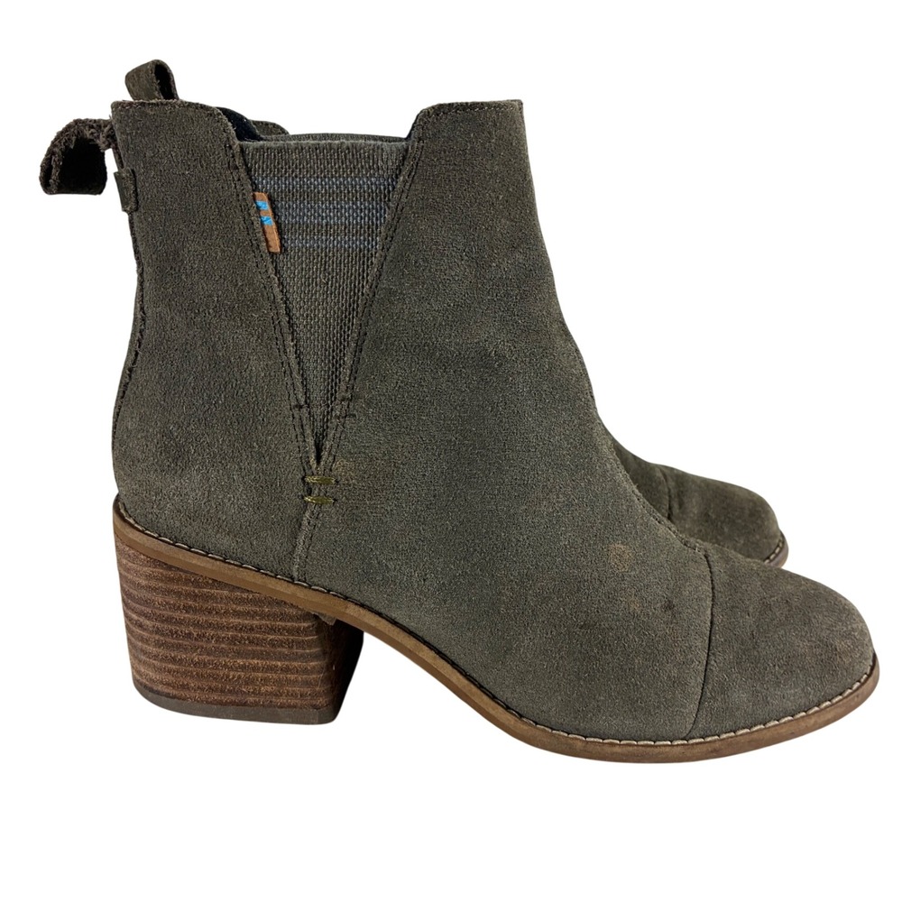 TOMS Marina Olive Green Suede Ankle Boots Womens 6 Stacked Block Heel Booties - Picture 2 of 8